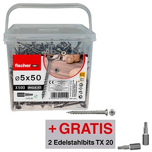 AKTION: fischer Terrassenschrauben 576393 5 mm x 50 mm, 500 St. + GRATIS 2 x Edelstahlbit TX 20