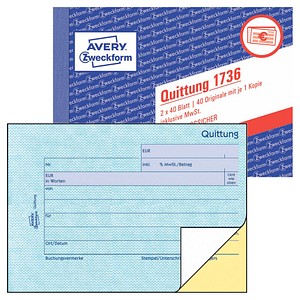 4004182017364 - Quittung Formular Papierformat din A6 quer Anzahl der Blätter 2 x 40 Bl - Avery Zweckform 4004182017364 - Quittung Formular Papierformat din A6 quer Anzahl der Blätter 2 x 40 Bl - Avery Zweckform