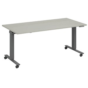 4260672335046 - fm Slimfit elektrisch höhenverstellbarer Schreibtisch lichtgrau anthrazit metallic rechteckig T-Fuß-Gestell mit Rollen grau 1600 x 700 cm