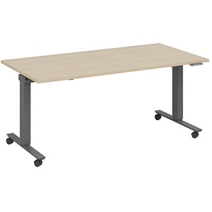 4260672335183 - fm Slimfit elektrisch höhenverstellbarer Schreibtisch ahorn anthrazit metallic rechteckig T-Fuß-Gestell mit Rollen grau 1400 x 700 cm