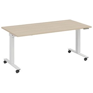 4260672335237 - fm Slimfit elektrisch höhenverstellbarer Schreibtisch ahorn verkehrsweiß rechteckig T-Fuß-Gestell mit Rollen weiß 1400 x 700 cm