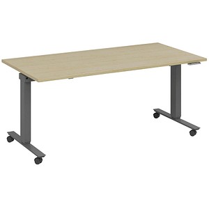 4260672335176 - fm Slimfit elektrisch höhenverstellbarer Schreibtisch akazie anthrazit metallic rechteckig T-Fuß-Gestell mit Rollen grau 1400 x 700 cm