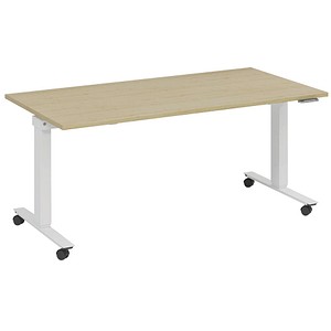 4260672335220 - fm Slimfit elektrisch höhenverstellbarer Schreibtisch akazie verkehrsweiß rechteckig T-Fuß-Gestell mit Rollen weiß 1400 x 700 cm