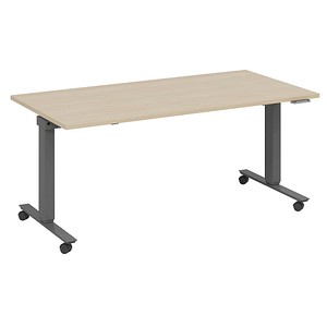 4260672335084 - fm Slimfit elektrisch höhenverstellbarer Schreibtisch ahorn anthrazit metallic rechteckig T-Fuß-Gestell mit Rollen grau 1600 x 700 cm