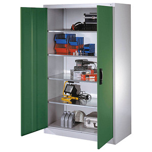 4064615115746 - Sichtfenster-Flügeltürschrank HxBxT 1950 x 1200 x 500 mm 4 Fachböden 3 Schubladen lichtgrau   rubinrot C+P