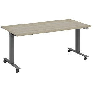 4260672335152 - fm Slimfit elektrisch höhenverstellbarer Schreibtisch eiche anthrazit metallic rechteckig T-Fuß-Gestell mit Rollen grau 1400 x 700 cm