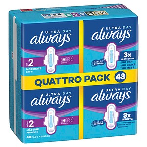 always Binden Ultra Day Long mit Flügeln für mittlere bis starke Tage, 48 St.