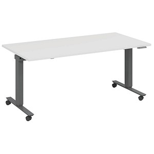 4260672335060 - fm Slimfit elektrisch höhenverstellbarer Schreibtisch weiß anthrazit metallic rechteckig T-Fuß-Gestell mit Rollen grau 1600 x 700 cm