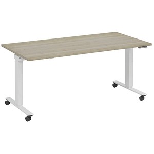 4260672335107 - fm Slimfit elektrisch höhenverstellbarer Schreibtisch eiche verkehrsweiß rechteckig T-Fuß-Gestell mit Rollen weiß 1600 x 700 cm