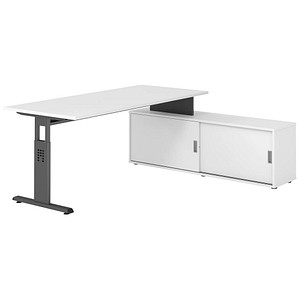 4032062332009 - OSE19SB höhenverstellbarer Schreibtisch weiß rechteckig T-Fuß-Gestell grau 1800 x 800 cm