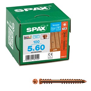4003530182150 - Terrassenschraube 5 x 60 mm 100 Stück Fixiergewinde Zylinderkopf t-star plus T25 CUT-Spitze antik - 0537900500603 - Spax