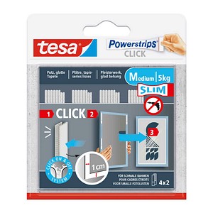 tesa Powerstrips Click MEDIUM Slim Klett-Klebestreifen für max. 5,0 kg, 1,0 x 8,0 cm, 4 St.