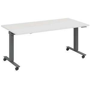 4260672335169 - fm Slimfit elektrisch höhenverstellbarer Schreibtisch weiß anthrazit metallic rechteckig T-Fuß-Gestell mit Rollen grau 1400 x 700 cm