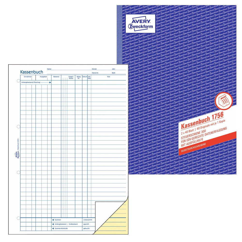 A4, nach Steuerschiene 300, von Rechtsexperten geprüft, für Deutschland zur ordnungsgemäßen, kostengünstigen Buchführung, 2x40 Blatt AVERY Zweckform 1756 Kassenbuch 5er Pack A4, nach Steuerschiene 300, von Rechtsexperten geprüft, für Deutschland zur ordnungsgemäßen, kostengünstigen Buchführung, 2x40 Blatt AVERY Zweckform 1756 Kassenbuch 5er Pack
