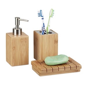 4052025221768 - Badaccessoires Bambus 3-teiliges Badezimmer Set aus Seifenspender Seifenschale u Zahnbürstenhalter natur - Relaxdays