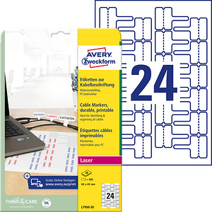 4004182061886 - AVERY Zweckform Kabelbeschriftung Etiketten L7950-20 Selbsthaftend DIN A4 Weiß 60 x 40 mm 20 Blatt à 24 Etiketten 4004182061886 - AVERY Zweckform Kabelbeschriftung Etiketten L7950-20 Selbsthaftend DIN A4 Weiß 60 x 40 mm 20 Blatt à 24 Etiketten