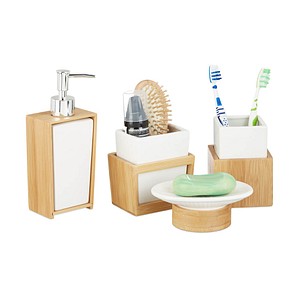 4052025222055 - Badezimmer Set 4-teiliges Badzubehör aus Keramik und Bambus Seifenspender und Zahnputzbecher natur-weiß - Relaxdays 4052025222055 - Badezimmer Set 4-teiliges Badzubehör aus Keramik und Bambus Seifenspender und Zahnputzbecher natur-weiß - Relaxdays