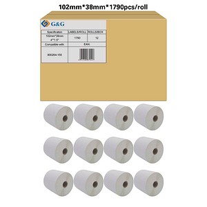 G&G Etikettenrollen für Etikettendrucker ersetzt Zebra 800264-155 weiß, 102,0 x 38,0 mm, 12 x 1790 Etiketten