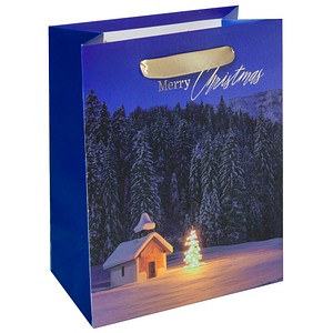 4004360769146 - Geschenktasche Christmas Chapel Weihnachts-Motiv Bodeneinlage Seidenbandgriffe B 180 x T 100 x H 230 mm Weißkarton Kunststoff blau 1 Stück