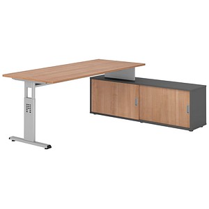 Hammerbacher Schreibtischkombination VOS, manuell höhenverstellbar 78cm (H), 180x80cm (BxT), nussbaum / silber 4032062331873 Hammerbacher 5 Stück