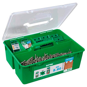 4003530248962 - Spax France - spax Freistehendes Holzkit - 5x60 Edelstahl A2 - 850 Schrauben + 1 Bohrer + 12 Abstandshalter + 5 Bits - 5000009030009
