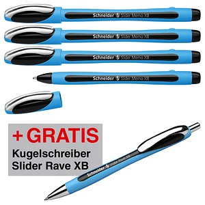 4004675186775 - AKTION Kugelschreiber Slider Memo hellblau schwarz Schreibfarbe schwarz 4 St + GRATIS Kugelschreiber Slider Rave XB