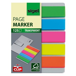 SIGEL Haftmarker transparent mit Clip Haftmarker farbsortiert 5x 25 Streifen