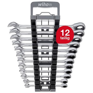 4010995446659 - Ringratschen-Gabelschlüssel Set 13-tlg inkl Halter i Ring Ratschenschlüssel Set 8-19 mm i Maulschlüssel Satz mit Ringratsche (44665) - Wiha