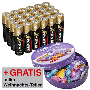 AKTION: 24 ANSMANN Batterien X-POWER Mignon AA 1,5 V + GRATIS Milka Weihnachtsteller 202g