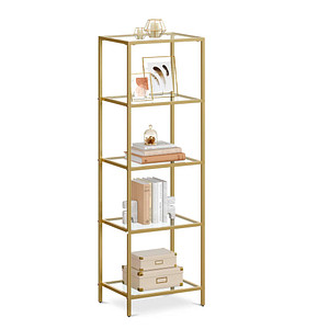 0194343027807 - Bücherregal 5-stufiges Leiter-Bücherregal schmales Glasregal für Schlafzimmer Badezimmer Heimbüro gehärtetes Glas Stahlrahmen Goldfarbe