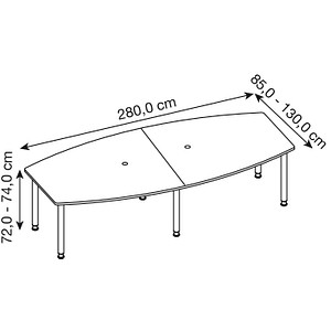 Hammerbacher Konferenztisch K-Serie, manuell höhenverstellbar 72-74cm (H), 280x85-130cm (BxT), 10 Personen, Tonnenform, asteiche / chrom 4032 7 Stück