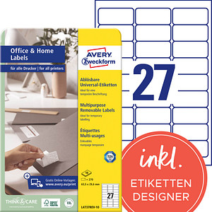 4004182433164 - AVERY Zweckform Ablösbare Universaletiketten L4737REV-10 Selbsthaftend DIN A4 Weiß 635 x 327 x 296 cm 10 Blatt à 27 Etiketten 4004182433164 - AVERY Zweckform Ablösbare Universaletiketten L4737REV-10 Selbsthaftend DIN A4 Weiß 635 x 327 x 296 cm 10 Blatt à 27 Etiketten
