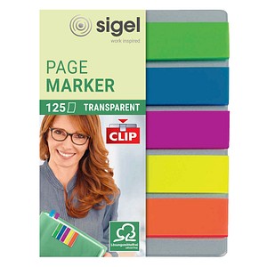 Sigel Haftmarker HN610, Haftmarker transparent mit Clip, 52x82mm, 5-farbig sortiert, ohne, rechteckig 4004360908798 Sigel 125 Stück