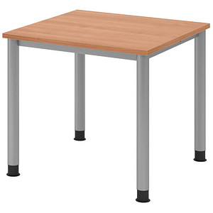 HAMMERBACHER HS08 höhenverstellbarer Schreibtisch nussbaum quadratisch, 4-Fuß-Gestell silber 80,0 x 80,0 cm