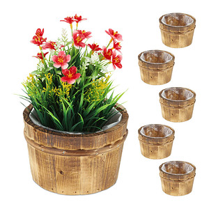 4052025375959 - Relaxdays - Holz Blumentopf 6er Set Garten Deko zum Bepflanzen Balkon und Fensterbank HxD 10 x 16 cm Übertopf natur