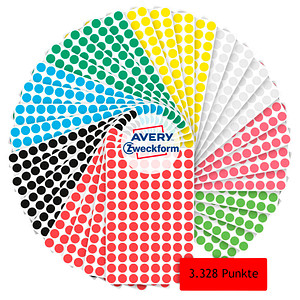 4004182599945 - Avery® Zweckform Klebepunkte Set 59994 3328-teilig selbstklebend & beschreibbar 8 Farben 4 Bögen Farbe 416 Punkte Farbe Ø 8 mm 100 % recycelbar