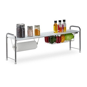 4052025300531 - Spülbeckenregal mit Küchenrollenhalter Küchenregal mit Korb Metall h x b x t 32 x 94 x 23 cm weiß silber - Relaxdays