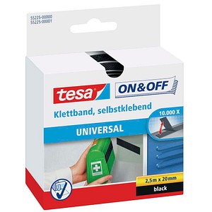 4042448859402 - On & Off Klettband zum Aufkleben - Selbstklebendes Klettklebeband zur Befestigung leichter Gegenstände - Schwarz 2 cm x 250 cm - schwarz - Tesa