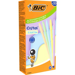 BIC Kugelschreiber Cristal PASTEL pastellorange, pastellgrün, pastellblau, pastellgelb, pastellrosa, Schreibfarbe: blau, 20 St.