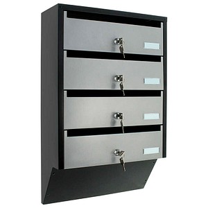 Briefkastenanlage Depot 4 für 4 Parteien C4‑Einwurf 330×20 mm Zylinderschloss je Fach schwarz silber