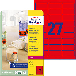 4004182608449 - Avery Neon-Etiketten L6003-25 zum Beschriften ablösbar Papier rot 635 x 296 mm 25 x A4 Bögen 675 Stk