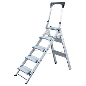 4031405531055 - Munk Klapptreppe Aluminium stabiler Doppelholm rutschfeste Kunststoffschuhe klappbare Haltebügel mit Ablageschale max 150 kg Trittfläche 360 x 205 mm 5 Stufen