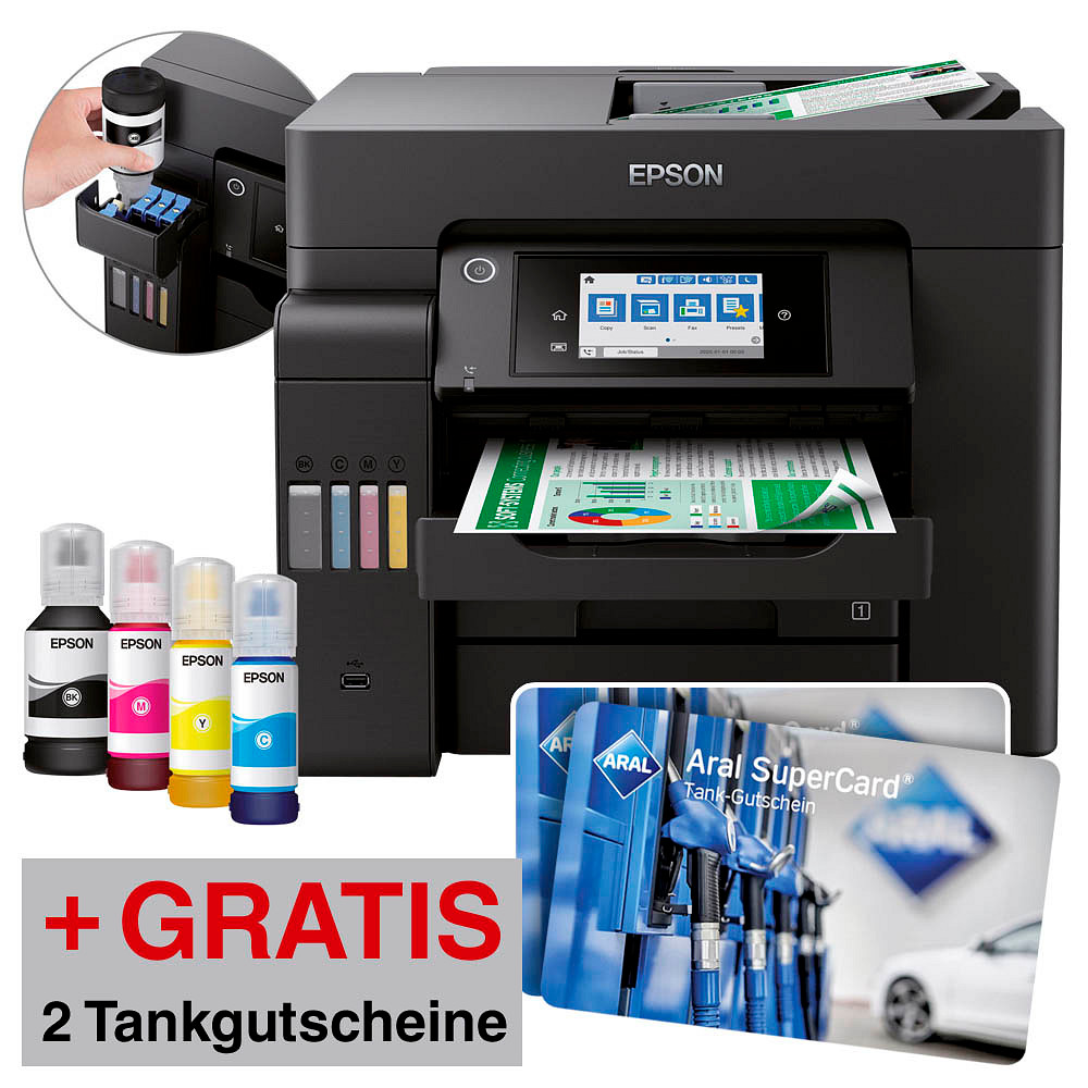 AKTION: EPSON GRATIS ET-5800 Tintenstrahl-Multifunktionsdrucker 20 | in discount office + € 4 Aral Tankgutschein 2x 1 schwarz EcoTank