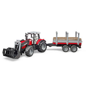 4001702020460 - Traktor Massey Ferguson 7480 mit Frontlader und Holztransportanhänger 2046 Spielzeugauto 4001702020460 bruder