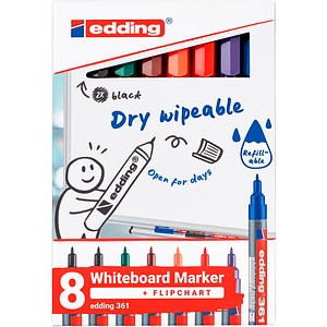 4057305058423 - Whiteboardmarker Edding 361 Rundspitze Strichstärke 1 mm trocken abwischbar mit Kappe und Clip nachfüllbar farbsortiertes 8er-Set